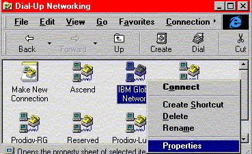 Dial-up Networking with connection right-clicked